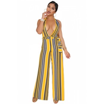 Navy Yellow Striped Deep V Neck Jumpsuit